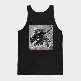 Creepy black and white scary Halloween witch on a broom Tank Top